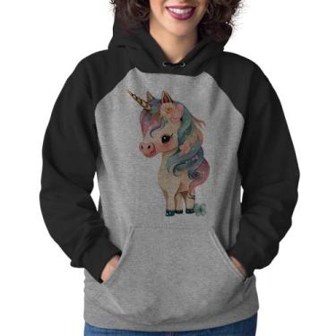 Imagem de Moletom Feminino Unicórnio e Flores - Foca na Moda, Cinza, Preto, GG