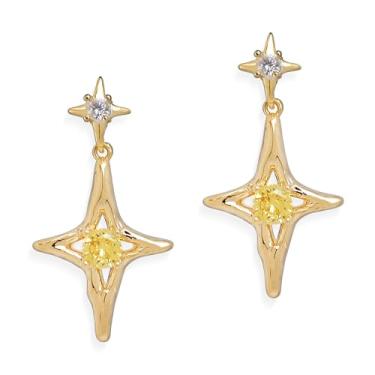 Imagem de Sonateomber Brincos de pingente de gota de estrela dourada para mulheres, pedra do mês de nascimento com strass brilhante, estrelas de quatro pontas, brincos pendurados, brincos de formatura, moda,