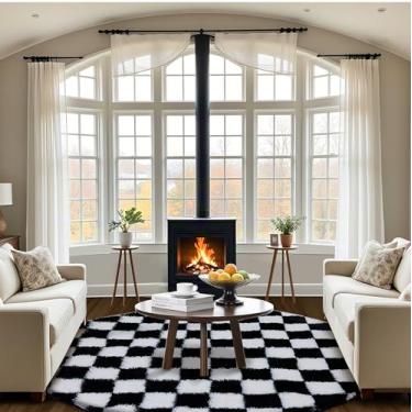 Imagem de TOOHUB Tapete supermacio, tapete redondo para quarto, 1,8 x 1,8 m, preto e branco, tapete redondo antiderrapante, fofo, macio, macio para sala de estar, quarto, quarto de crianças