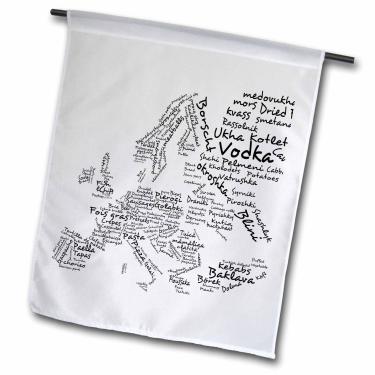 Imagem de 3dRose fl_57513_1 Mapa de comida branca e preta da Europa, feito de nomes de pratos de cozinha internacionais, presentes para alimentos, bandeira de jardim, 30 x 45 cm