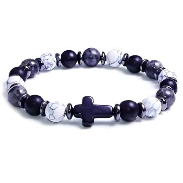 Imagem de BLUE HOPE Pulseira vintage chique com contas - Contas redondas de 8 mm com pingente de cruz preta, acessório diário perfeito e presente, disponível em 6 cores deslumbrantes, 7.48, Aço inoxidável, cruz