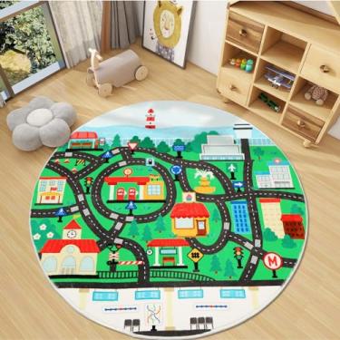 Imagem de AKASISRUG Tapete infantil de trânsito rodoviário, tapete redondo com mapa da cidade de 160 cm para carros de brinquedo infantis, tapetes de brinquedo para pista de corrida de chão, tapetes de área