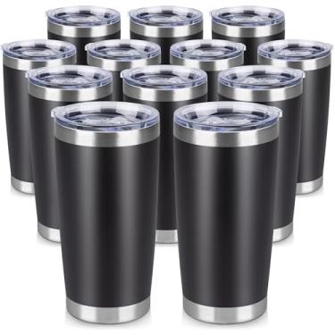 Imagem de VQRRCKI Copo de aço inoxidável de 590 ml a granel com tampa Copos de café com isolamento de parede dupla para bebidas quentes e frias, caneca de café de viagem revestida com pó fosco (preto, pacote