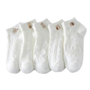 Imagem de 5 pares - Meias femininas brancas curtas de algodão verão finas desenho animado bonito japonês meias - meias de urso nuvem - mistas