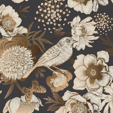 Imagem de YENHOME Papel de parede floral Dark Bird Vintage Floral Peel and Stick para quarto Papel de parede com destaque 43 cm x 38 cm Arte de parede de flor de pássaro amigo do locatário Papel de contato