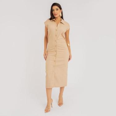 Imagem de Vestido susie midi com pregas jeans feminino - Susie Modas, Bege, P