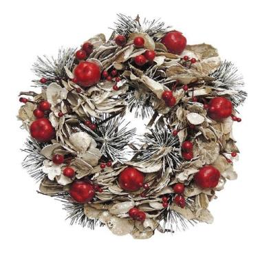 Imagem de Guirlanda de Natal 25cm Vermelha e Branca c/Folhas e Frutos Feita à Mã