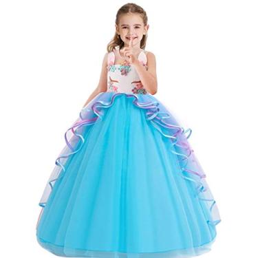 Imagem de HOIZOSG Fantasia de aniversário de unicórnio para meninas, vestido de tule sem mangas, vestido de festa de Halloween, Natal, concurso, vestido de baile longo, azul, 8-9 anos