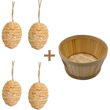 Imagem de Kit 4 Ovo Rústico Sisal + Cesto de Palha - Wincy Pascoa