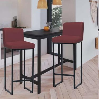 Imagem de Kit 02 Banqueta Alta Com Encosto Lucca -60cm chão até o assento Industrial Ferro Preto Suede Bordô - Ahazzo Móveis