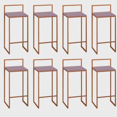 Imagem de Kit 08 Banquetas Alta Com Encosto Lino Industrial Balcão Bistrô Ferro Bronze mdf Madeira Rose Gold - Ahz Móveis