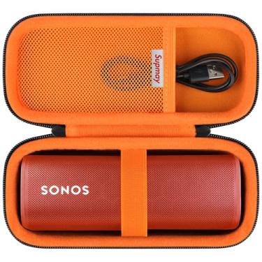 Imagem de Supmay Estojo rígido para Sonos Roam 2/Sonos Roam alto-falante Bluetooth portátil à prova d'água, capa de proteção de alto-falante portátil sem fio com bolso de malha para cabo USB-C, preto + laranja
