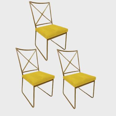 Imagem de Kit 03 Cadeiras Sala de Jantar Escritório Office Clark Industrial Ferro Dourado Suede Amarelo - Ahz Móveis