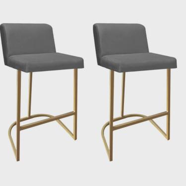 Imagem de Kit 02 Banquetas Com Encosto Noah Luxo Confort Bistrô Cozinha Ferro Dourado Suede Cinza - Ahazzo Móveis
