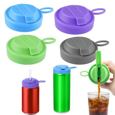 Imagem de Pacote com 4 tampas de silicone para latas de refrigerante com palha, capas reutilizáveis com canudo de silicone livre de BPA para bebidas, suco, coca, refrigerante, cerveja, serve para latas padrão