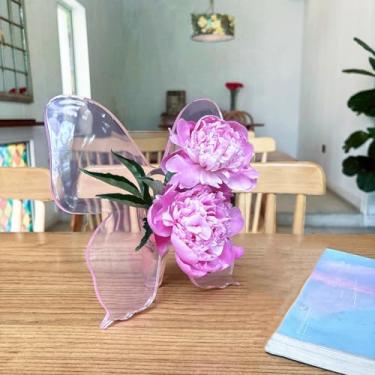 Imagem de Maricrosea Vaso com moldura de borboleta, suporte de flores de arte rosa claro, vaso decorativo minimalista para estante de mesa de casamento, presente exclusivo para mulheres