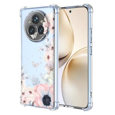 Imagem de RRXSYXL Capa para Oppo Realme 14 Pro+ 5G com estampa floral transparente, capa macia à prova de choque para Oppo Realme 14 Pro+ 5G, borboletas de flores rosa