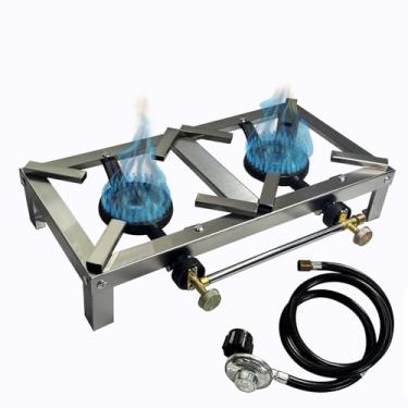 Imagem de LetFeng ᅟᅠ Fogão De Acampamento Com Queimador Duplo, Fogão Portátil A Gás Para Áreas Externas, Fogão A Gás Duplo De Aço Inoxidável Com Mangueira De 4 Pés Para Fabricação Caseira De Cerveja, Fritura