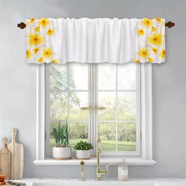 Imagem de Cortina com estampa de flor amarela Plumeria com fundo branco, cortina curta, bolso para varão, tratamento de janela, para sala de estar, quarto, cozinha, banheiro, poliéster, 137 x 45 cm
