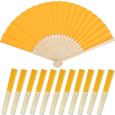 Imagem de Bestage 12 pacotes de leques de mão de papel dobrável amarelo para mulheres, ventiladores de bambu dobráveis chineses japoneses decorativos para casamento, dança, lembrancinhas de festa, decoração DIY