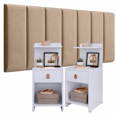 Imagem de CONJUNTO QUARTO KIT MOZAO COM CABECEIRA MODULADA + KIT CRIADO CAMA MUDO 2 MESA DE CABECEIRA CASAL COM GAVETA (BEGE - BRANCO)