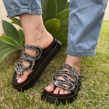 Imagem de Papete Feminina Pedraria Cobra Flat Confortável Rasteirinha Anatômica 