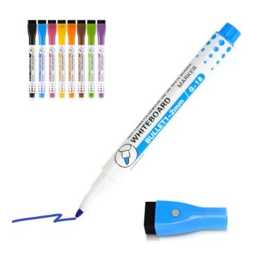 Imagem de WALGLASS Marcadores apagáveis a seco, 8 marcadores magnéticos de quadro branco com borracha, ponta fina para escrever em quadro branco, quadro de calendário apagável a seco, calendário de geladeira