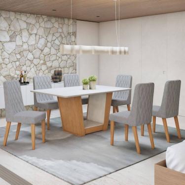 Imagem de Conjunto Apogeu 160cm Tampo MDF com 6 Cadeiras Luar Amêndoa Clean/Off White/Cinza