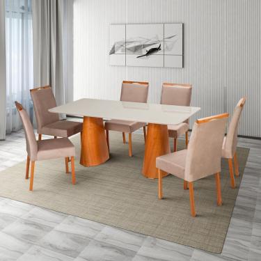 Imagem de Conjunto Mesa Fortaleza com 6 Cadeiras em Madeira e Estofada Bella Authentic Espresso Móveis Champagnhe/Off White/Bege