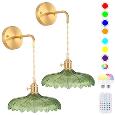 Imagem de EIDEARAY Arandela de parede vintage, arandelas de parede operadas por bateria com abajur de vidro verde, arandelas de parede sem fio, conjunto de dois, luzes de parede RGB sem fio recarregáveis para
