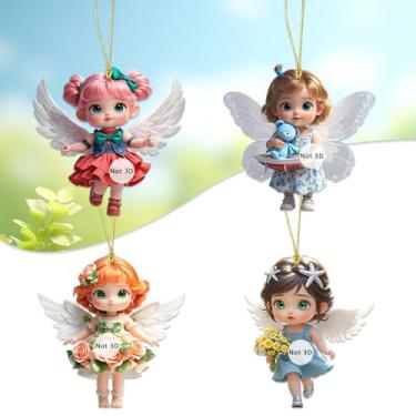 Imagem de Conjunto de ornamentos decorativos para pendurar, figuras de animais e anjos de efeito cristal, espelho de carro e acessórios de mochila (4 peças - anjo pequeno)