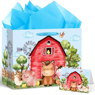 Imagem de Saco de presente de aniversário com tema de animais de fazenda para meninos chá de bebê azul fazenda saco de presente de celeiro cartão de papel de embrulho grande vacas porcos bolsa de presentes para