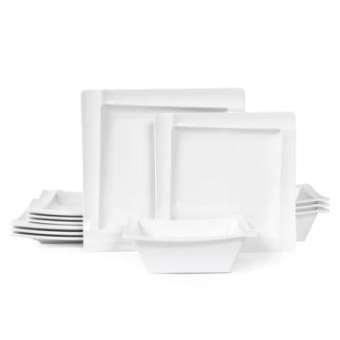 Imagem de Yummost Conjuntos de louça de melamina – 12 peças de pratos quadrados e tigelas para 4, uso interno e externo, pode ser lavado na lava-louças, preto e dourado