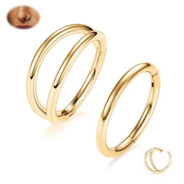 Imagem de PEAKLINK G23 Anel de titânio com nariz duplo para septo 20G/18G/16G Helix Daith Rook Tragus cartilagem concha argola brinco articulado segmento piercing joia para mulheres homens 6 mm a 12 mm, Sem