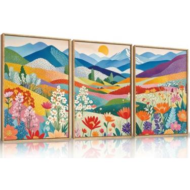 Imagem de LHIUEM Arte de parede em tela emoldurada de flores de montanha abstrata grande, decoração de parede boho colorida aquarela, pintura de parede de árvore floral natural, arte boêmia para sala de estar