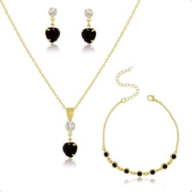 Imagem de Kit Semijoia Banhado Ouro 18k - Pulseira, Corrente, Pingente e Brincos Coração Preto