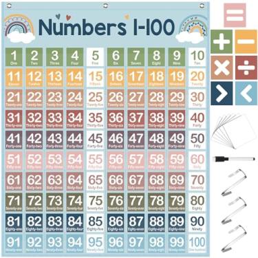 Imagem de Frienda Tabela de cem bolsos com 100 bolsos, 107 cartões com números frente e verso, 26 cartões em branco, 1 caneta, 3 ganchos, tabela de números de 1 a 100 para sala de aula, aprendizado em casa