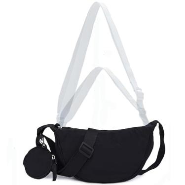 Imagem de Bolsa transversal com bolsa de moedas Hobo Sling bolsa crescente feminina masculina moderna pequena bolsa de ombro de nylon alça ajustável, Preto