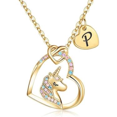 Imagem de Unicorn Necklace Gifts for Girls Daughter - Colorful Heart Pendant Initial Unicorn Necklaces for Girl Teens Little Girls Jewelry Birthday Gift-P