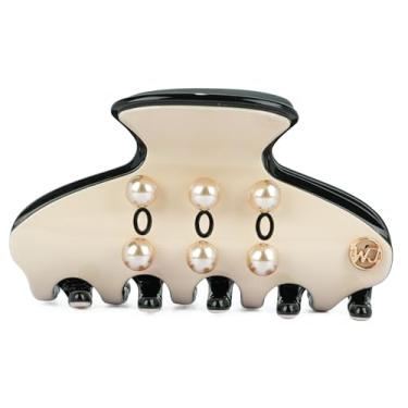 Imagem de MAORULU Grampo de garra de cabelo de acetato francês – Grampo de mandíbula média pérola de 6 cm para mulheres, fixação forte, grampo de cabelo brilhante premium para cabelos grossos e finos, bege