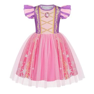 Imagem de HenzWorld Princess Dress for Girls Kids Short Flutter Sleeve Tulle Tutu Dresses Halloween Cosplay Theme Party Outfits Size 3-4T Purple Sequin