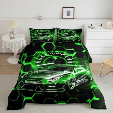 Imagem de jejeloiu Jogo de cama solteiro de carro esportivo de corrida, para meninos, meninas, adolescentes e adultos, edredom verde com colmeia respirável, macio e leve, 2 peças