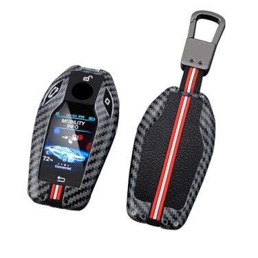 Imagem de HIBEYO Capa de chaveiro de carro adequada para BMW Série 5 6 7 G01 G11 G12 G30 G31 X3 X4 X5 730li 740li 750li Display LCD Metal & Silicone Key Shell Case Key Fob Protector-A Keychain (linhas vermelhas