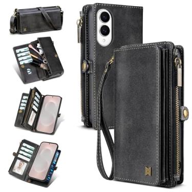 Imagem de QIXIU Capa carteira para Samsung Galaxy S25 Edge (comporta batom, fones de ouvido, etc.), capa de telefone magnética portátil multifuncional de couro sintético com bloqueio RFID, alça de ombro e alça