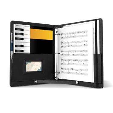 Imagem de Pasta de partitura de 33 x 25,9 cm de couro PU organizador de fichário com faixa elástica e alça 3 anéis para fichário de música serve para letras tamanho 21,6 x 28 cm