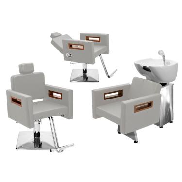 Imagem de Kit Salão de Beleza 1 Cadeira Fixa + 1 Reclinável Quadrada + 1 Lavatório Base Inox Tunísia