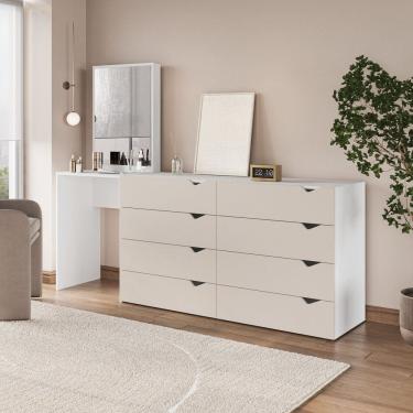 Imagem de Cômoda Penteadeira 8 Gavetas com Espelho Porto Creme/Branco
