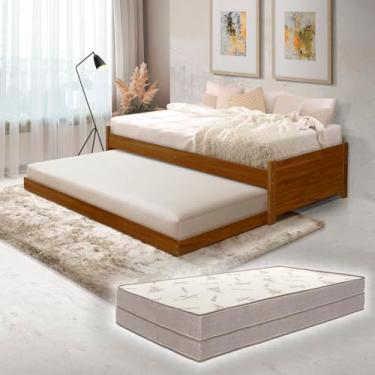 Imagem de Bicama Solteiro com Colchões D20, Estrutura Compacta em Madeira Maciça Multifuncional (Castanho)