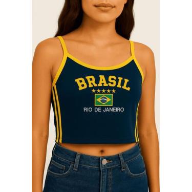 Imagem de Camisa Do Brasil Bordada Regata Tecido Suplex Alça Fina Feminina - Sal