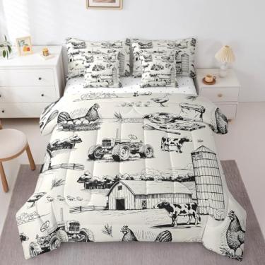 Imagem de jejeloiu Conjunto de edredom casal com caminhão trator, 7 peças, crianças, pato, galinha, animais de fazenda, rústica, temática campestre, para meninos e meninas, adolescentes, decoração de quarto